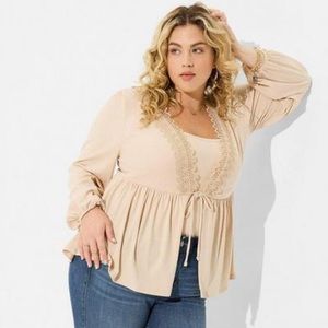 Super Soft Rib V-Neck Lace Trim Tie Front Long Sleeve Top